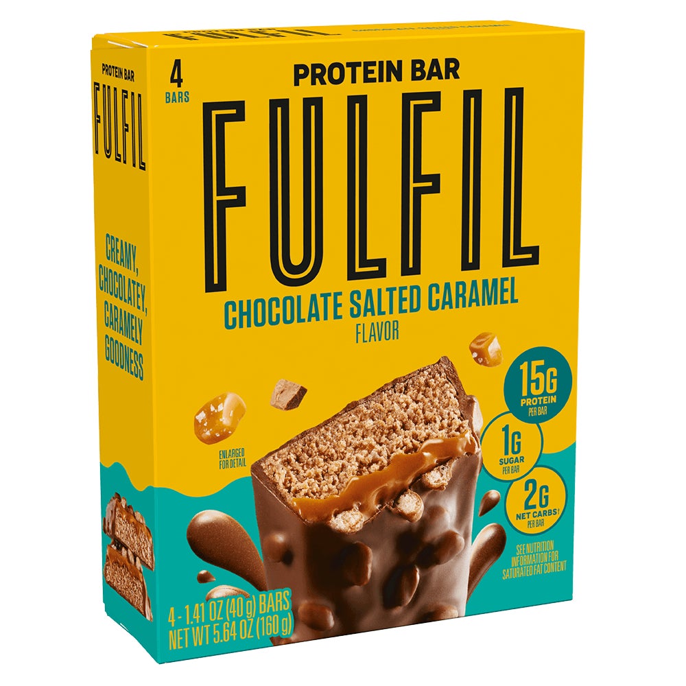 FULFIL Chocolate Salted Caramel Flavor Protein Bars, 1.41 oz, 4 count box - Left of Package