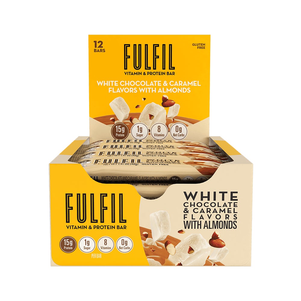 FULFIL White Chocolate Caramel with Almonds Flavor Vitamin & Protein Bars, 1.41 oz, 12 count box - Front of Package