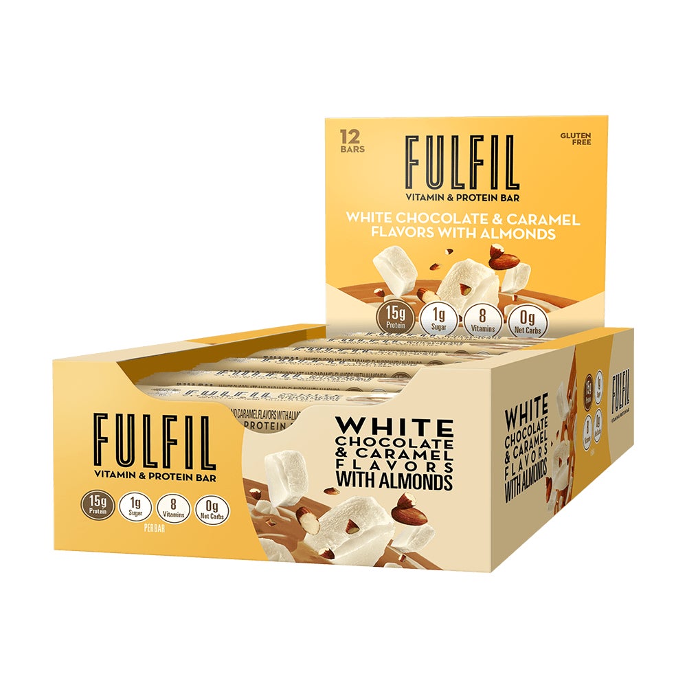 FULFIL White Chocolate Caramel with Almonds Flavor Vitamin & Protein Bars, 1.41 oz, 12 count box - Side of Package