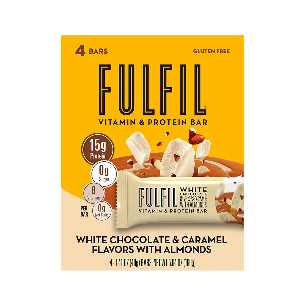 FULFIL White Chocolate Caramel with Almonds Flavor Vitamin & Protein Bars, 1.41 oz, 4 count box - Front of Package