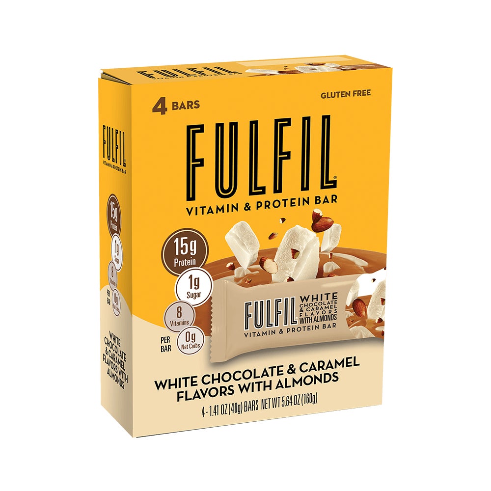 FULFIL White Chocolate Caramel with Almonds Flavor Vitamin & Protein Bars, 1.41 oz, 4 count box - Side of Package